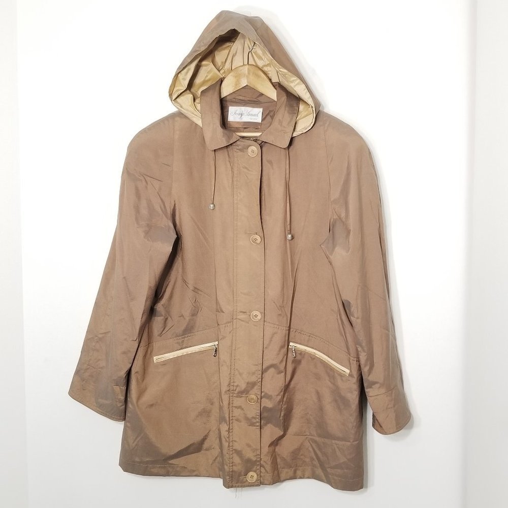 Irving Samuel Removable Hoodie Cotton Blend Rain Coat Zip Front Pocket Shimmer